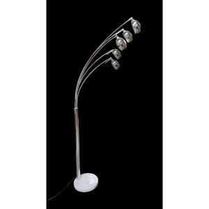 Floor Lamp With 5 Arms Of Light In Chromed Metal And Marble - H.217 Cm.
