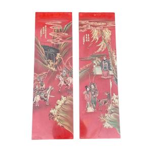 China - Pair Of Lacquered Panels Decorated With Fighters And Dignitaries, Early 20th Century.