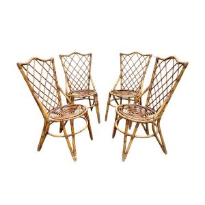 Suite Of Four Rattan And Wicker Garden Chairs, 1960s - High. : 75 Cm 