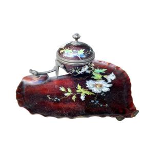 Art Nouveau Inkwell In Finely Enamelled Bronze And Copper, Limoges - Width. : 20.5 Cm. 