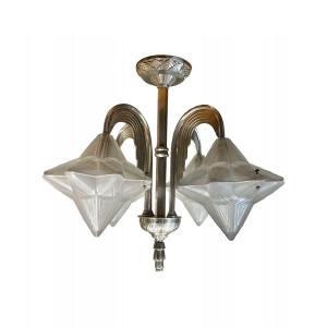 Genet & Michon - Ceiling Light In Chromed Metal And Pressed Glass, Perfect Condition. - 53 Cm 