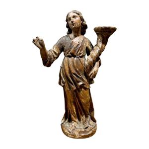 Ange Céroféraire En Bois Sculpté Polychrome - Première Moitié Du XVIIIe Siècle. 