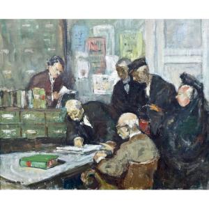 Claude Marin (1914-2001), Chez Le Notaire, Huile Sur Toile - Larg. : 61 Cm. 