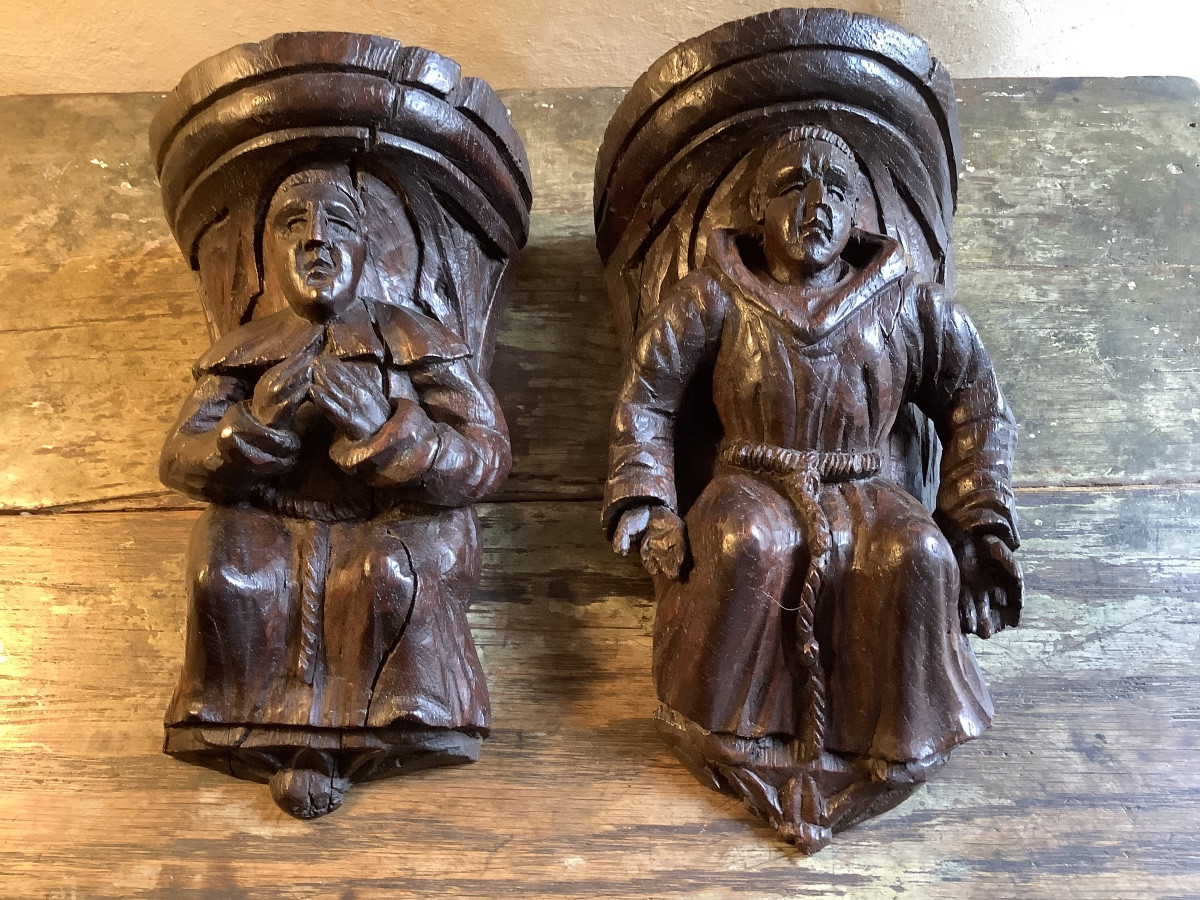 Pair Of 17th-century Carved Wooden Wall Sconces