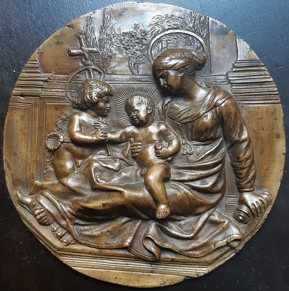 Relief En Bronze d'époque XVIIe - Vierge à l'Enfant Et Saint Jean Baptiste - Plaquette-photo-3