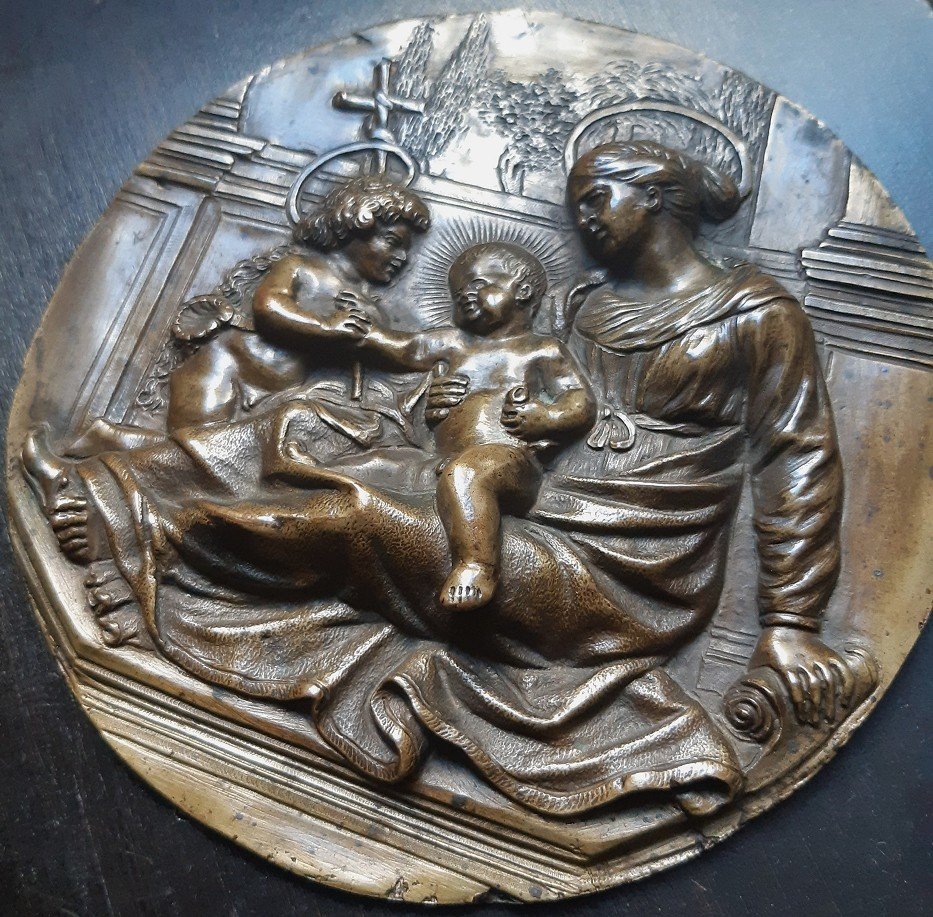 Relief En Bronze d'époque XVIIe - Vierge à l'Enfant Et Saint Jean Baptiste - Plaquette-photo-4
