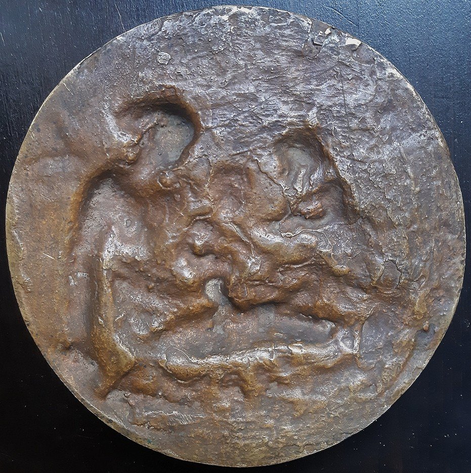 Relief En Bronze d'époque XVIIe - Vierge à l'Enfant Et Saint Jean Baptiste - Plaquette-photo-3