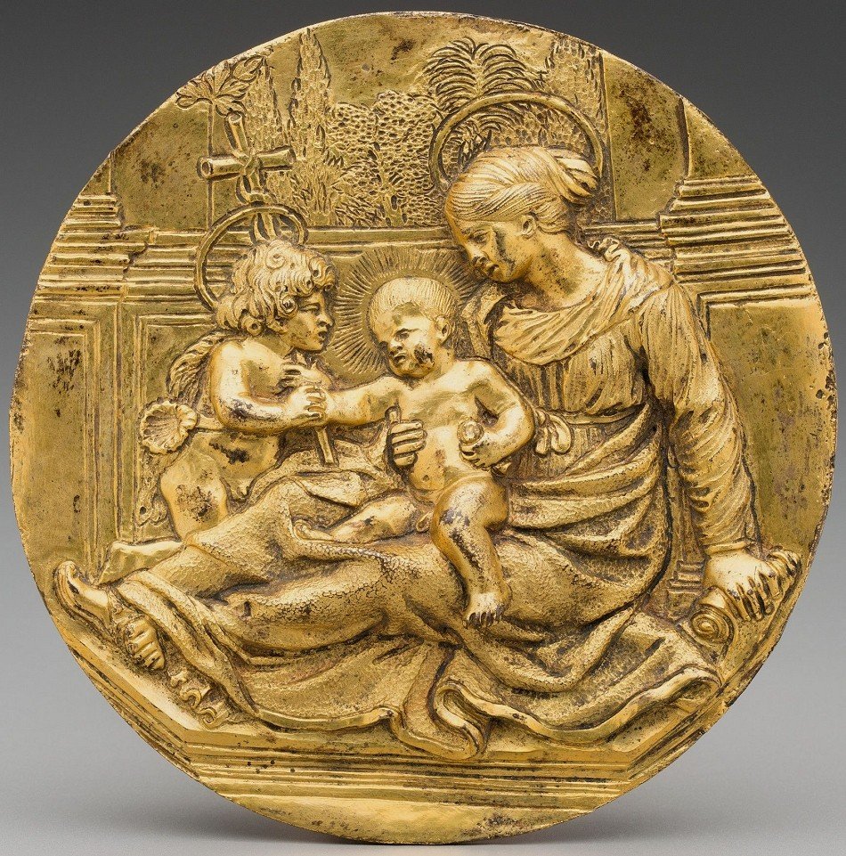 Relief En Bronze d'époque XVIIe - Vierge à l'Enfant Et Saint Jean Baptiste - Plaquette-photo-6