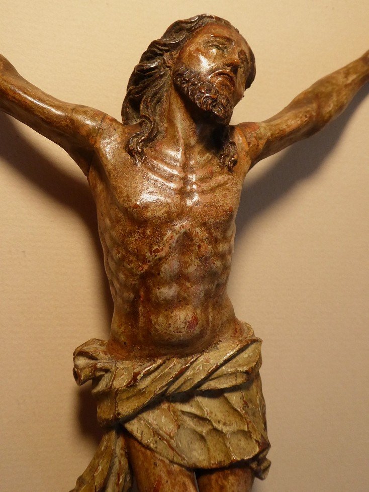 Christ XVIIe En Bois Fruitier Sculpté Polychrome-photo-3