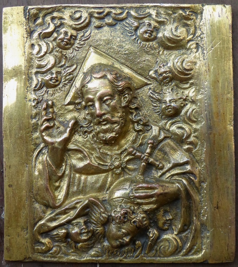 Plaquette En Cuivre Doré Italie XVIe au Christ En Salvator Mundi