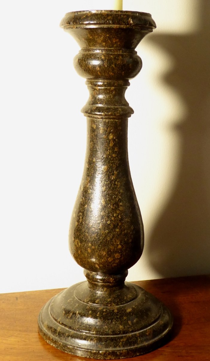 Pair Of Candlesticks In Turned Serpentine Marble - Italy, 18th Century-photo-2
