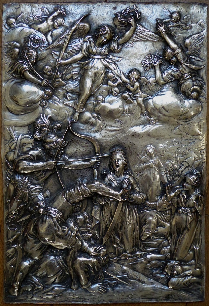 Sainte Ursule - Grande plaque d'après Sadeler et de Witte en galvano façon argent repoussé