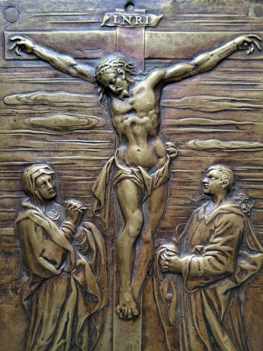 Crucifixion - plaque en bronze doré Allemagne fin XVIe-photo-4