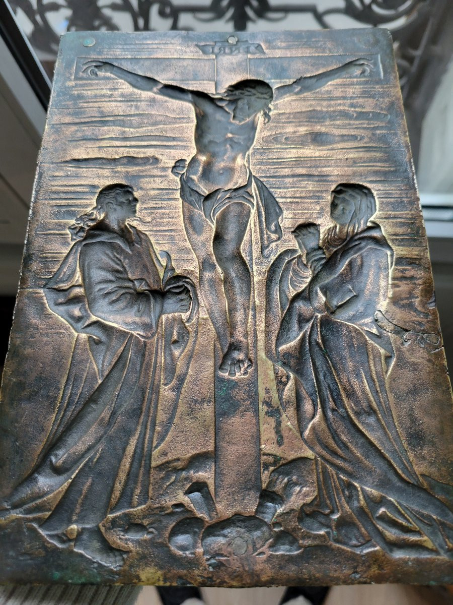 Crucifixion - plaque en bronze doré Allemagne fin XVIe-photo-3