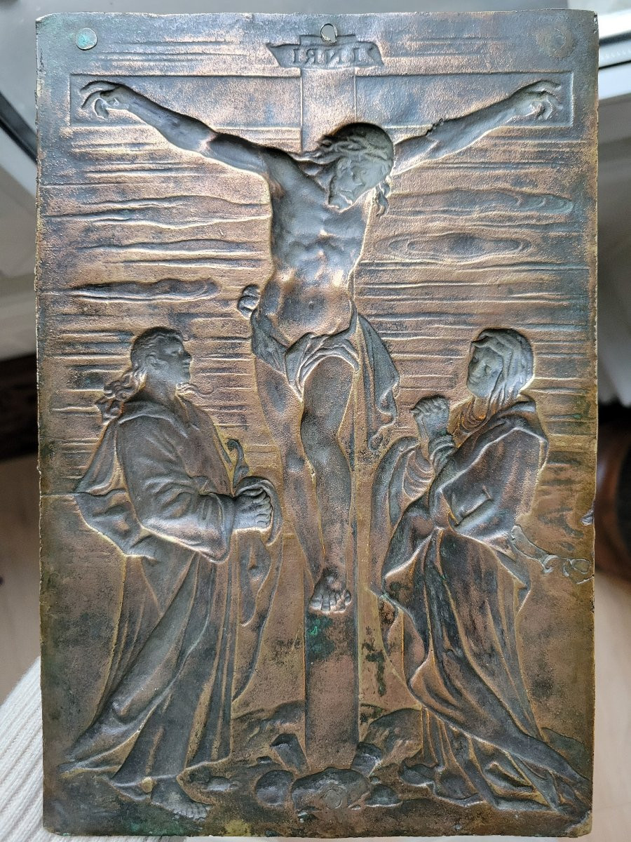 Crucifixion - plaque en bronze doré Allemagne fin XVIe-photo-4