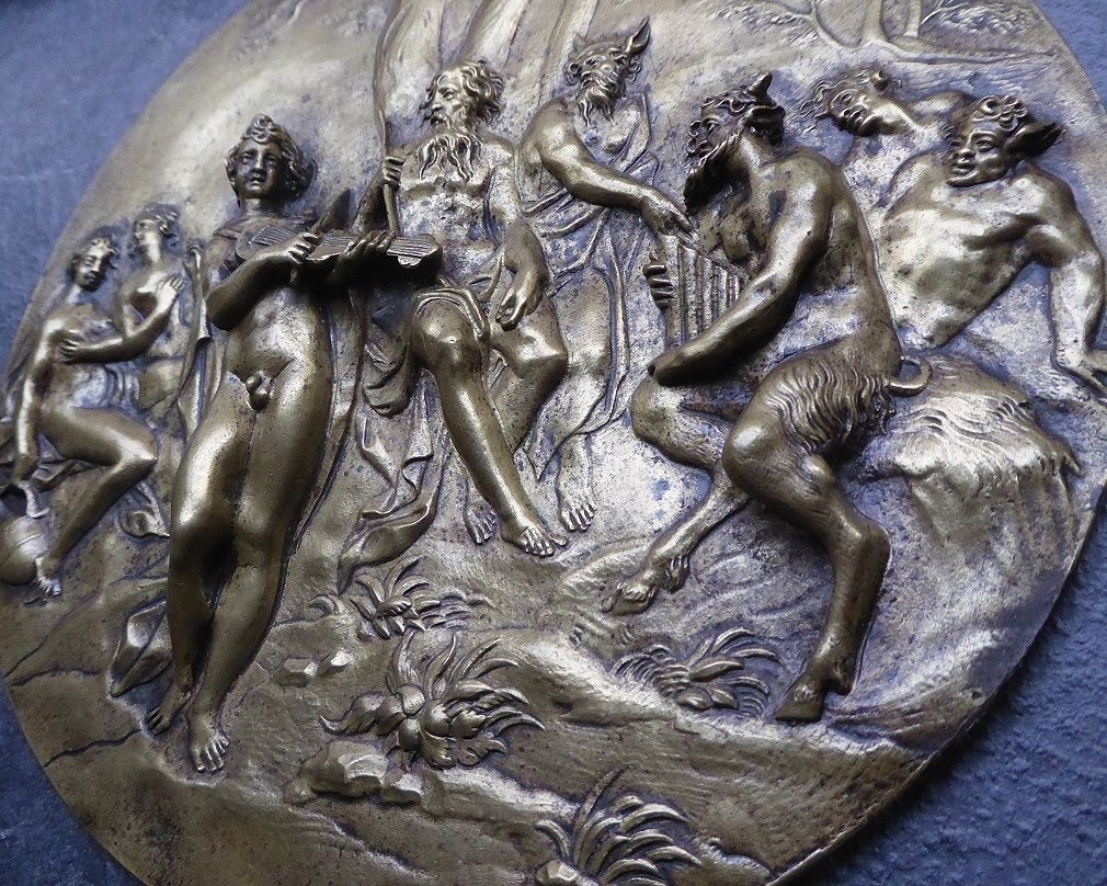 Musical Contest Between Apollo And Pan - 17th Gilt Bronze Plaque - Large Plaquette-photo-1