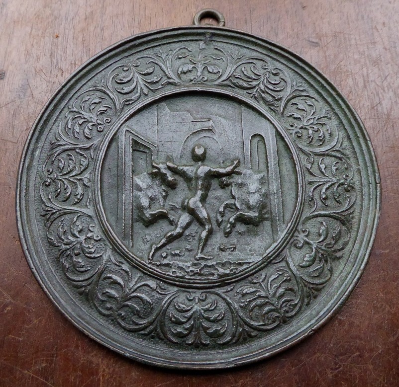 Hercule et les taureaux de Géryon - plaquette en bronze d'après Moderno