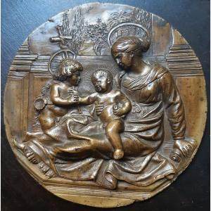 Relief En Bronze d'époque XVIIe - Vierge à l'Enfant Et Saint Jean Baptiste - Plaquette 