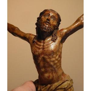 17th Century Christ  In Polychrome Carved Fruitwood
