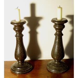 Pair Of Turned Serpentine Candlesticks - Saxony 18th Century