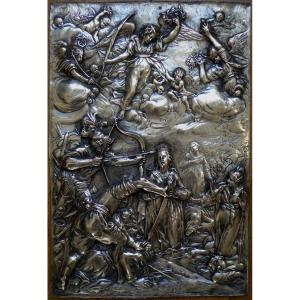 Sainte Ursule - Grande plaque d'après Sadeler et de Witte en galvano façon argent repoussé