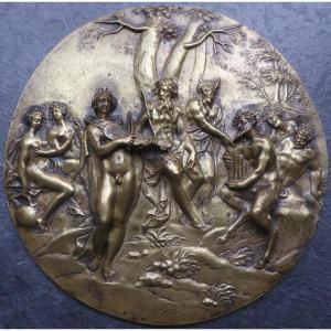 Musical Contest Between Apollo And Pan - 17th Gilt Bronze Plaque - Large Plaquette