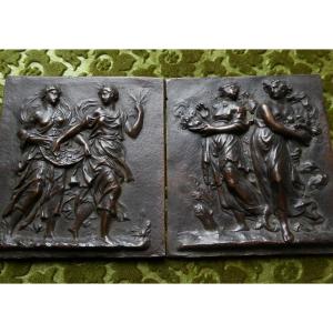 Pair Of Bronze Plaquettes Depicting The Seasons - France, 17th Century