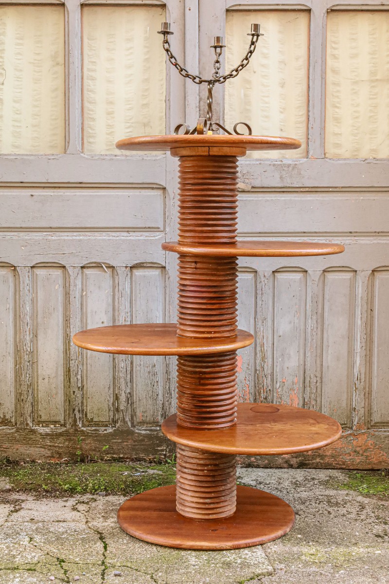 Antique Brutalist Oak Wood Display Table By Charles Dudouyt, Vintage Reconstruction