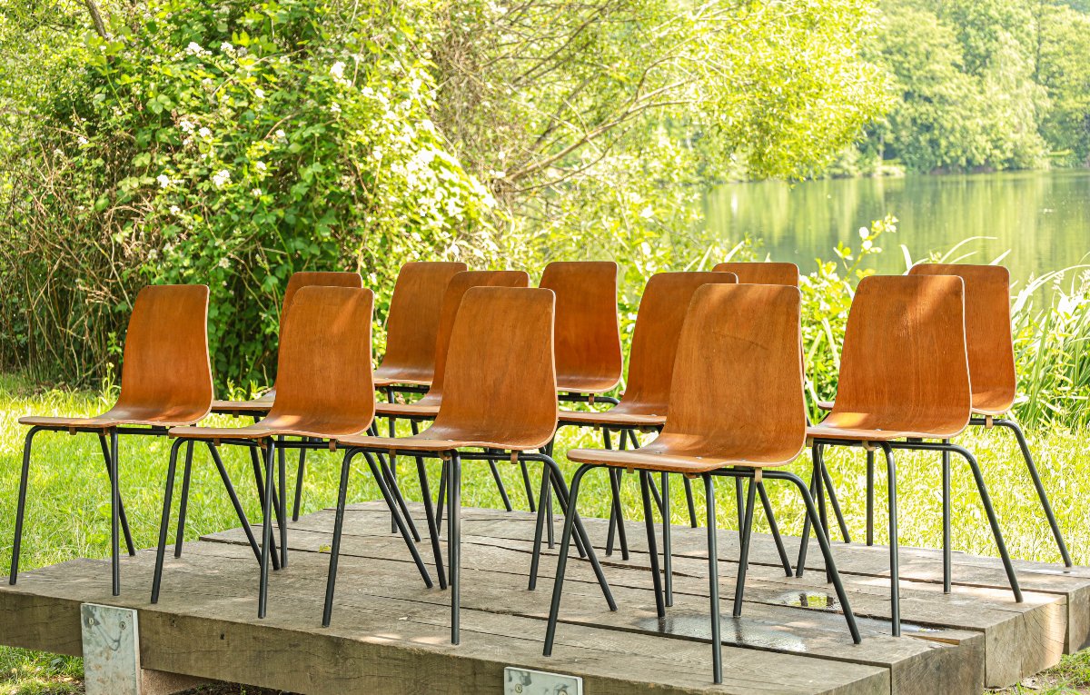 Set Of 12 Pierre Guariche Papyrus Chairs, 1950s/60s Vintage Design, Steiner Paris-photo-2