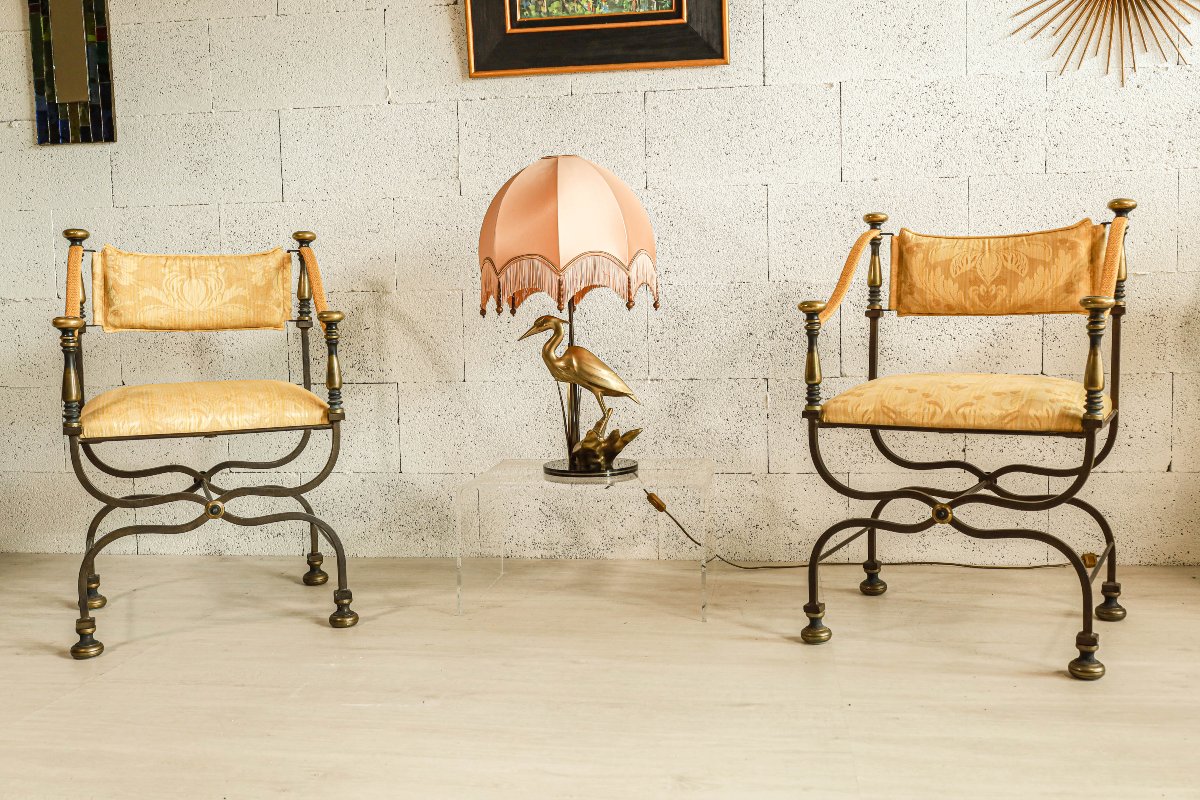 Paire de fauteuils curule design italien Iron Savonarola Dante vintage Hollywood Regency-photo-2