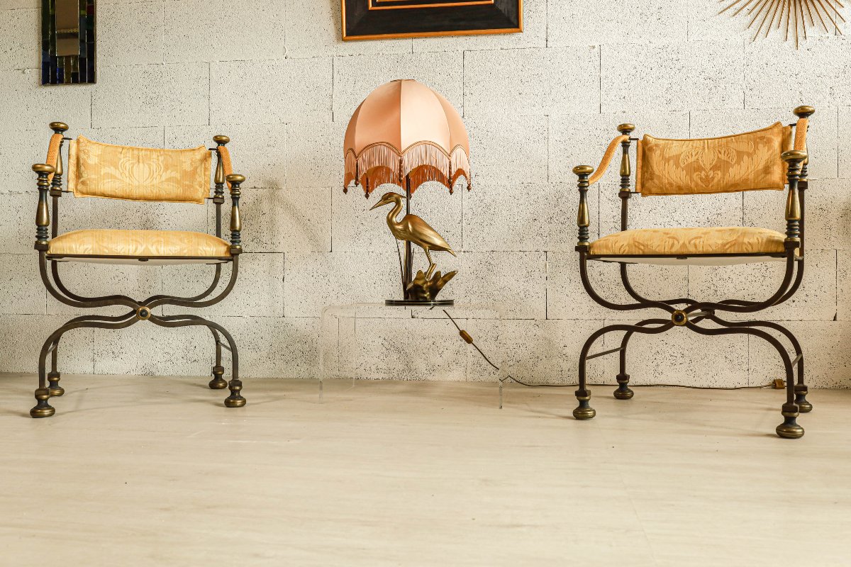 Paire de fauteuils curule design italien Iron Savonarola Dante vintage Hollywood Regency-photo-4