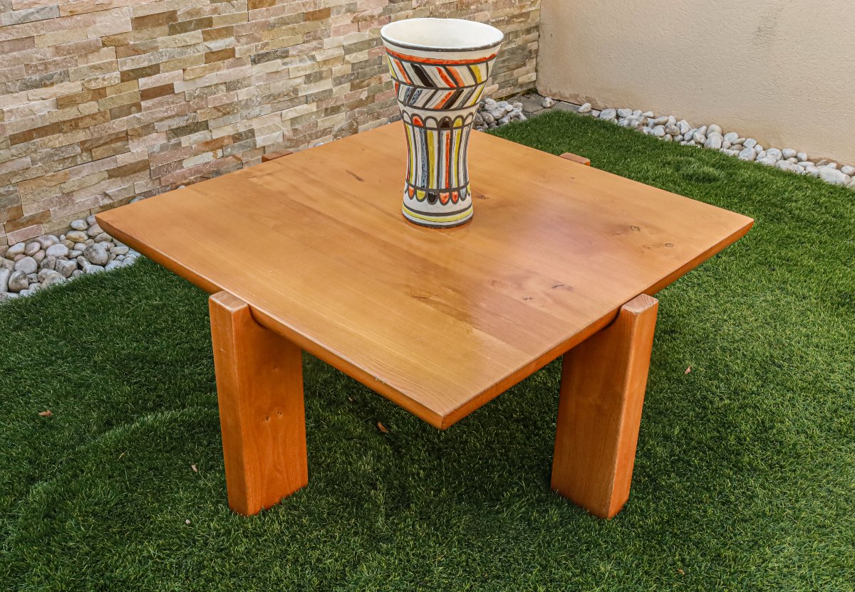 Rare Elm Coffee Table Luigi Gorgoni Brutalist Vintage Italian Design-photo-4