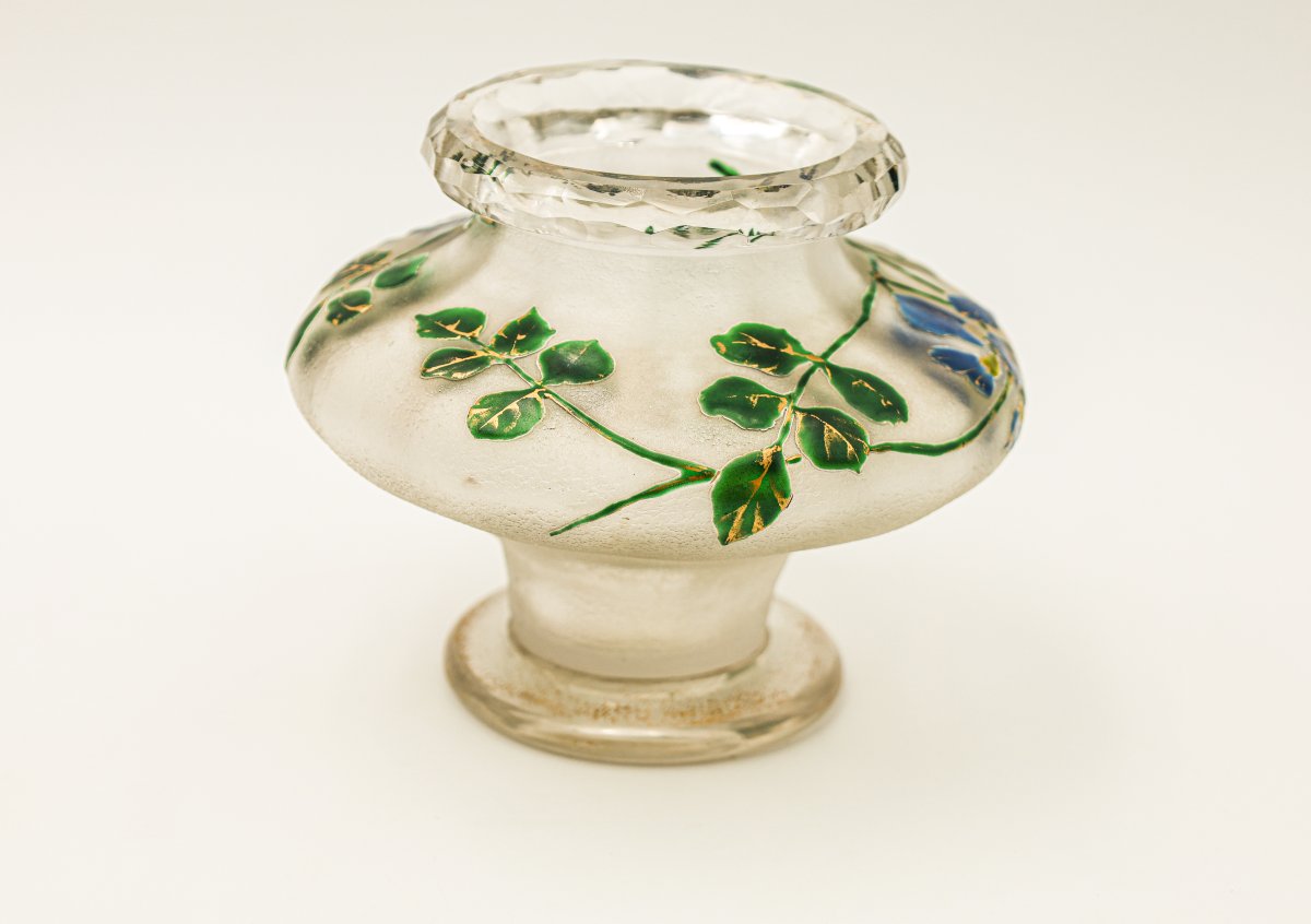 Ancien vase en verre émaillé Verrerie Saint Denis Art Nouveau-photo-2