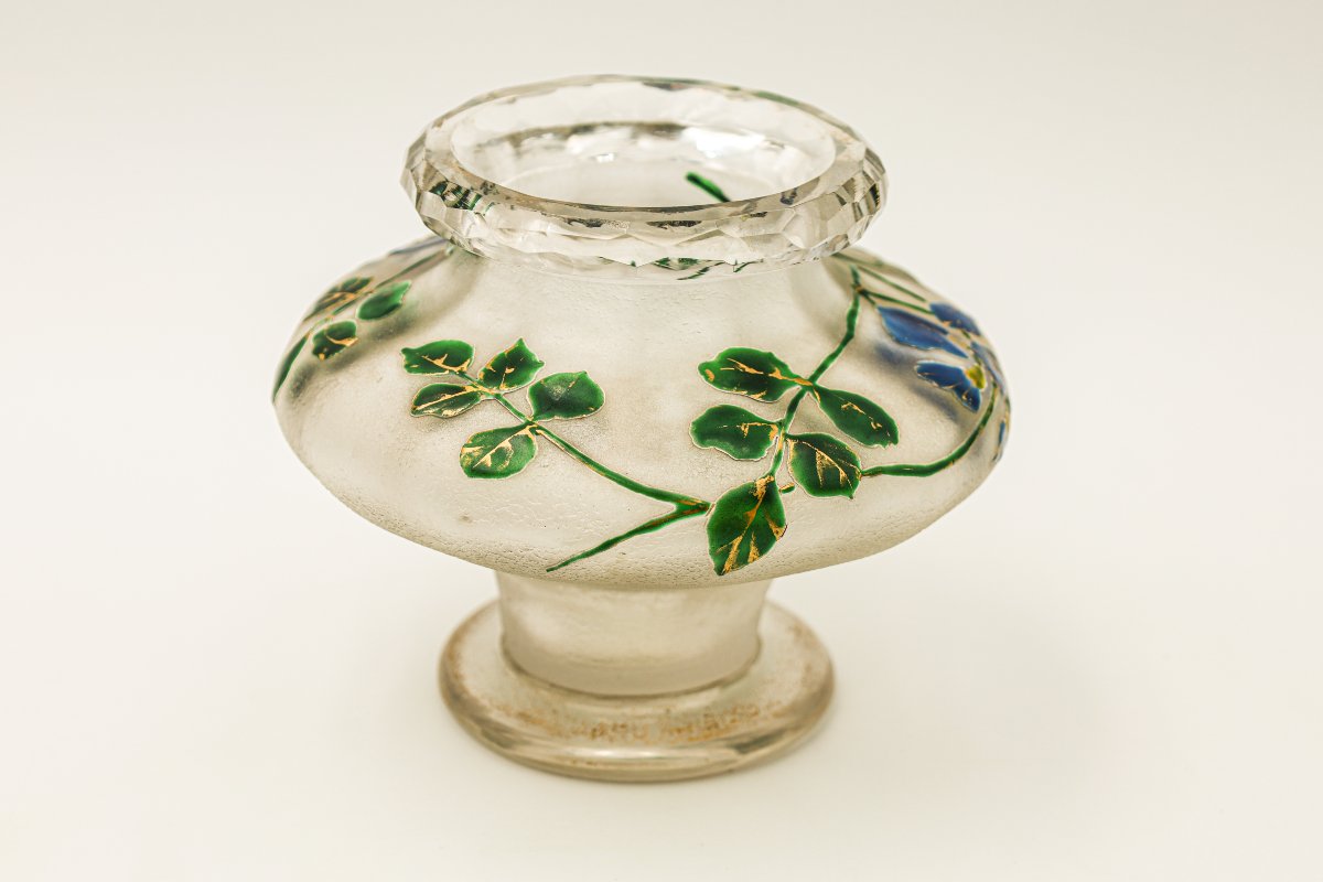 Ancien vase en verre émaillé Verrerie Saint Denis Art Nouveau-photo-2