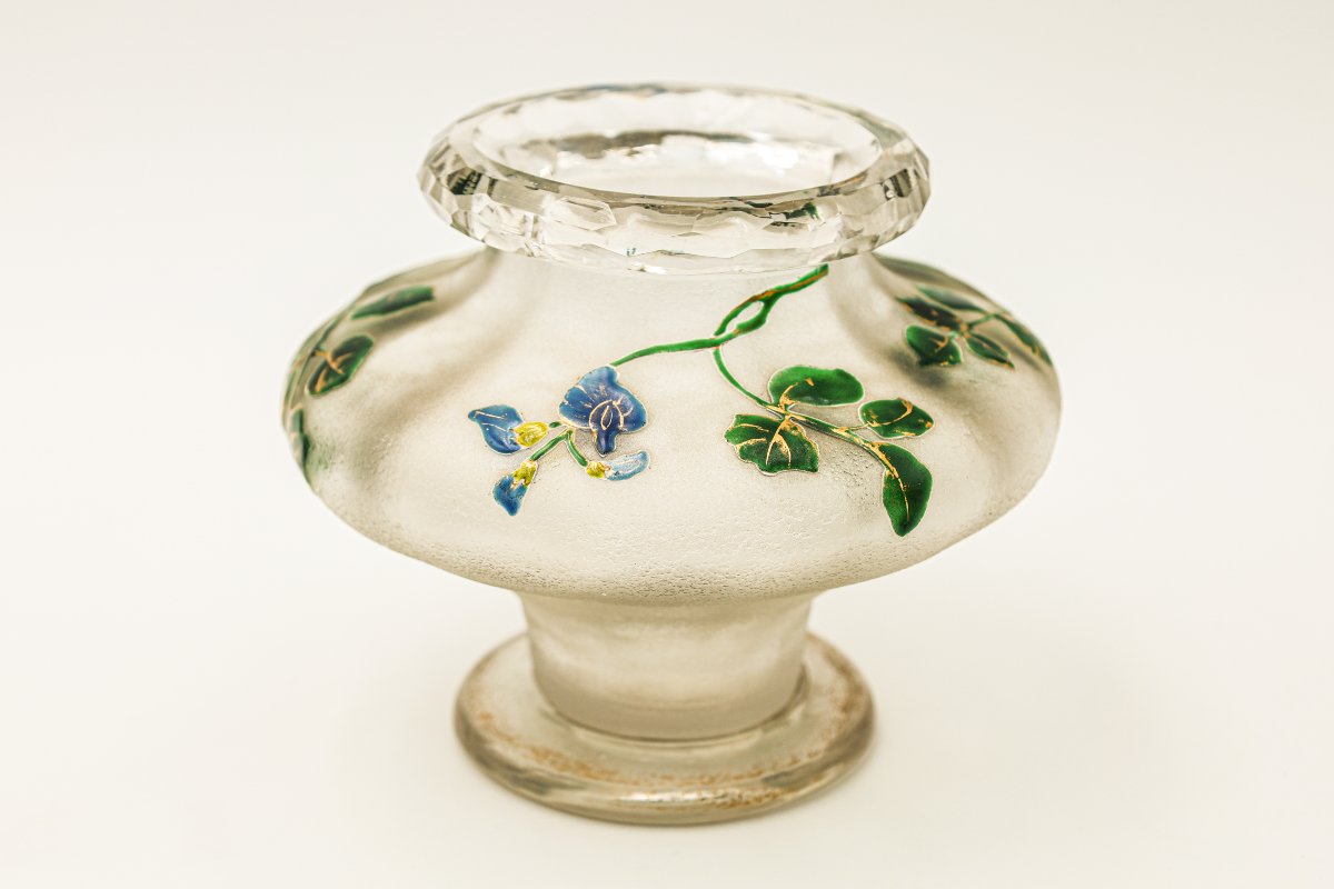 Ancien vase en verre émaillé Verrerie Saint Denis Art Nouveau-photo-3