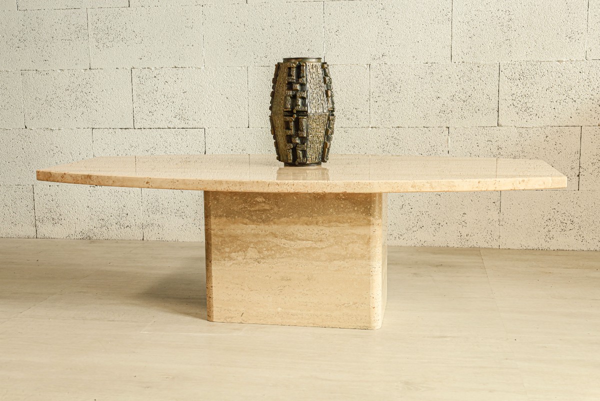 High-quality Vintage Brutalist Travertine Coffee Table, 1980s Design