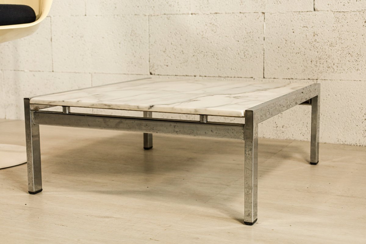 Table basse marbre Calacatta chrome Florence Knoll design vintage-photo-4