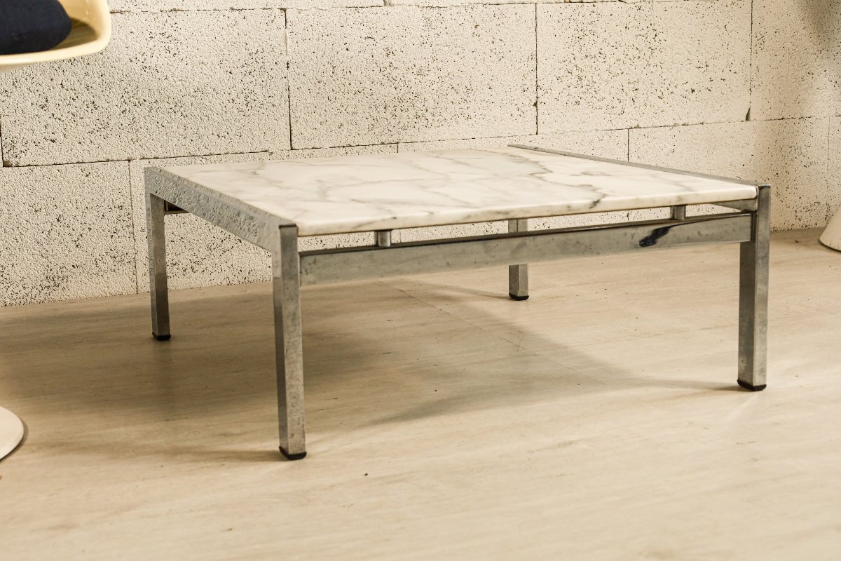 Table basse marbre Calacatta chrome Florence Knoll design vintage-photo-1
