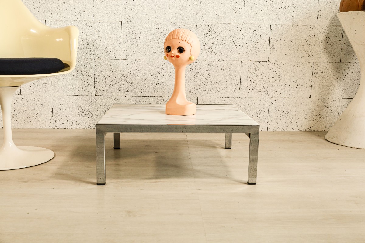 Table basse marbre Calacatta chrome Florence Knoll design vintage