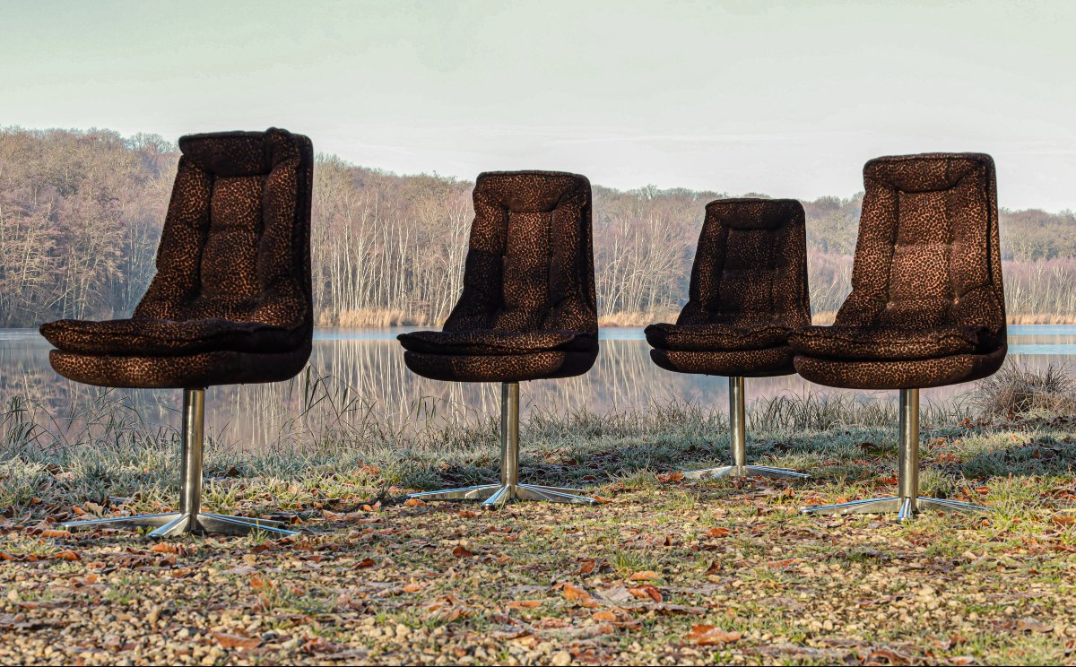 Lot de 4 chaises pivotantes vintage Space Age design 70 léopard-photo-2