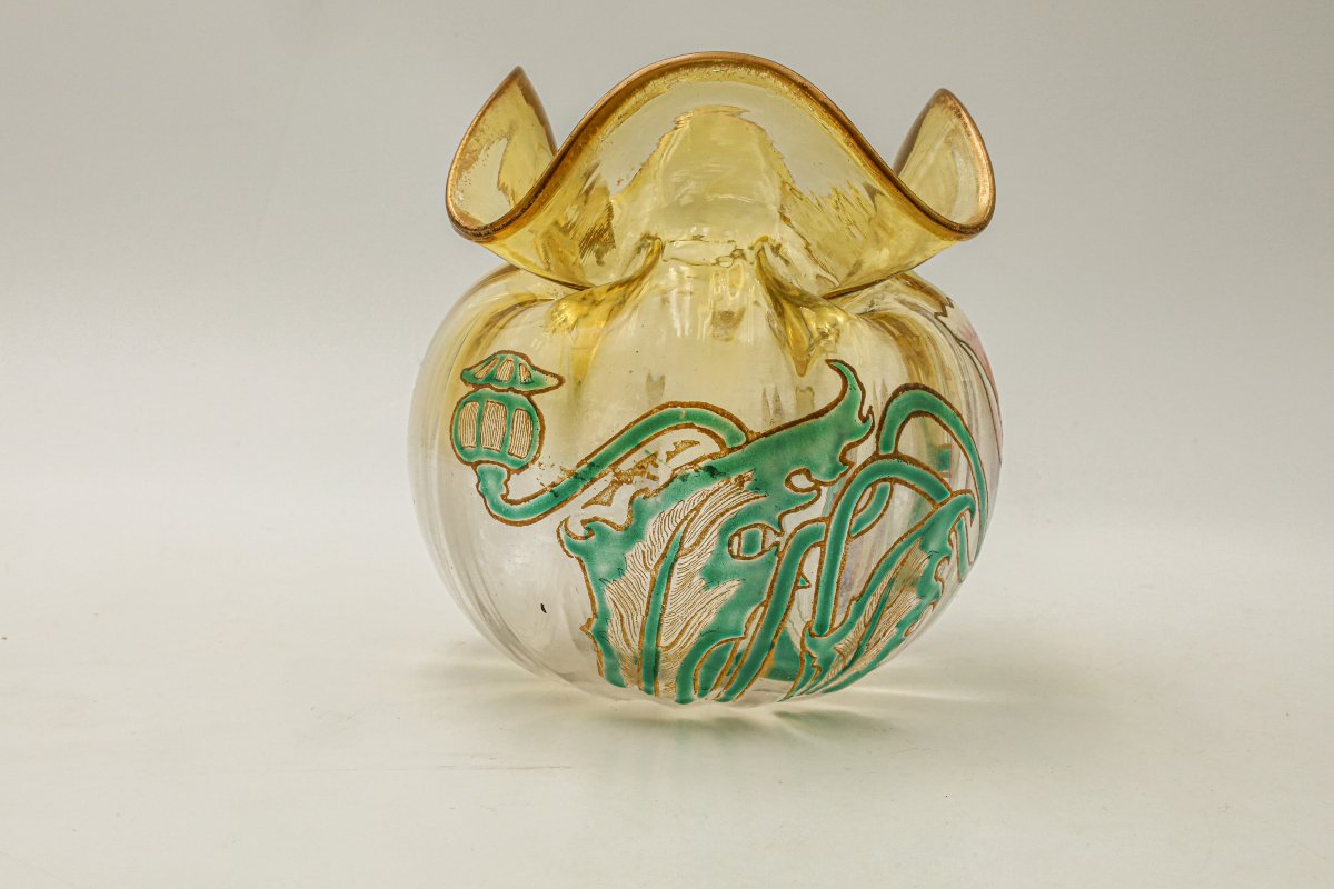 Ancien vase en verre émaillé forme bourse décor pavots Montjoye Legras Art Nouveau vintage-photo-2