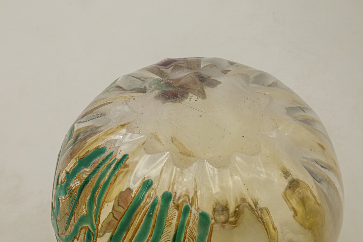 Ancien vase en verre émaillé forme bourse décor pavots Montjoye Legras Art Nouveau vintage-photo-4
