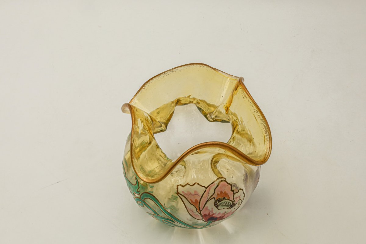 Ancien vase en verre émaillé forme bourse décor pavots Montjoye Legras Art Nouveau vintage-photo-1
