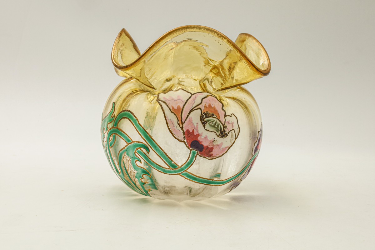 Ancien vase en verre émaillé forme bourse décor pavots Montjoye Legras Art Nouveau vintage