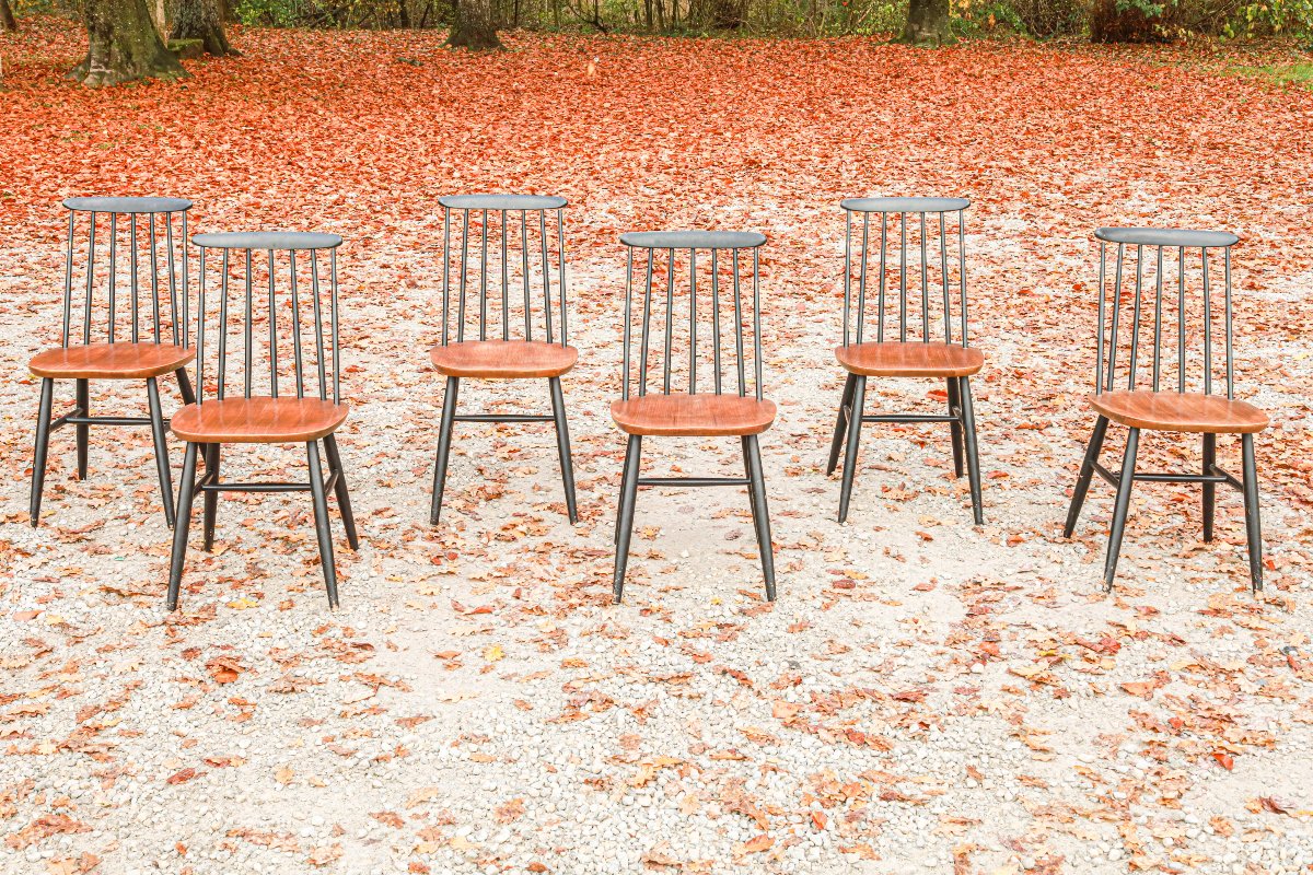 Série de 6 chaises bois scandinave modèle Fanett designer Ilmari Tapiovaara vintage-photo-3