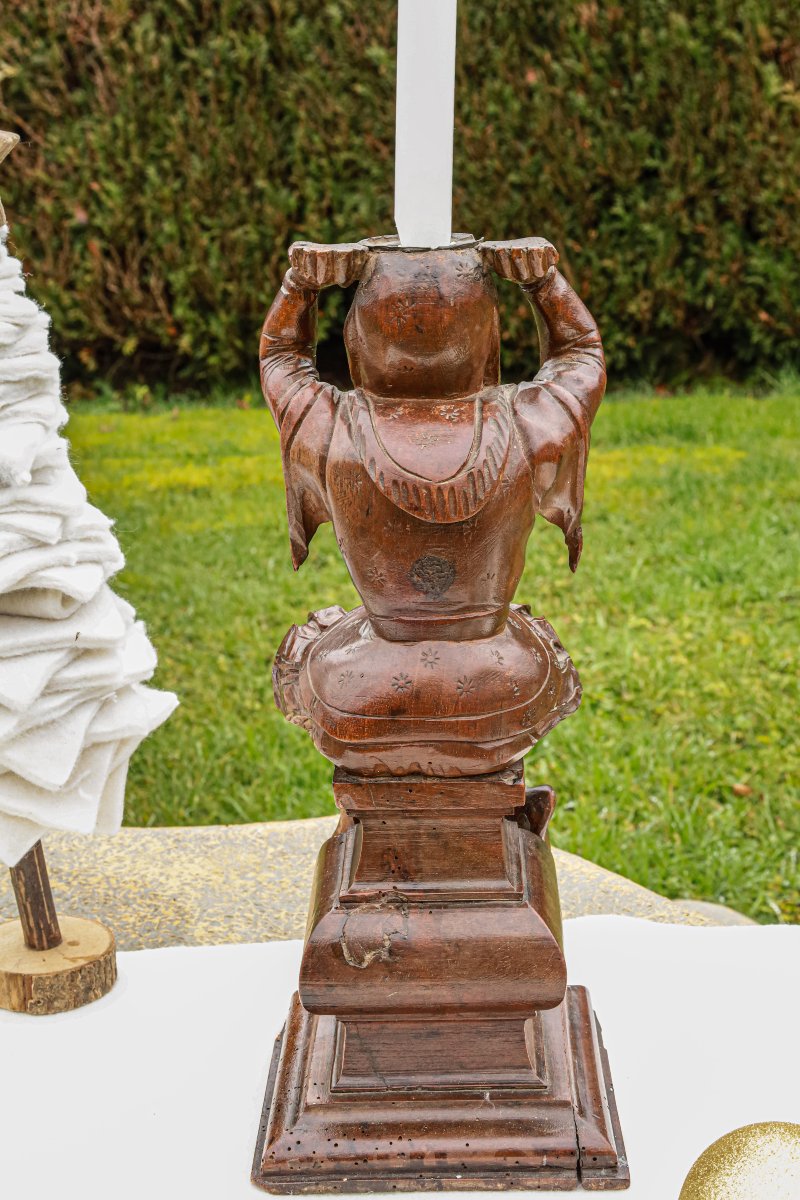 Rare bougeoir pique cierge bois noyer art populaire grotesque-photo-3