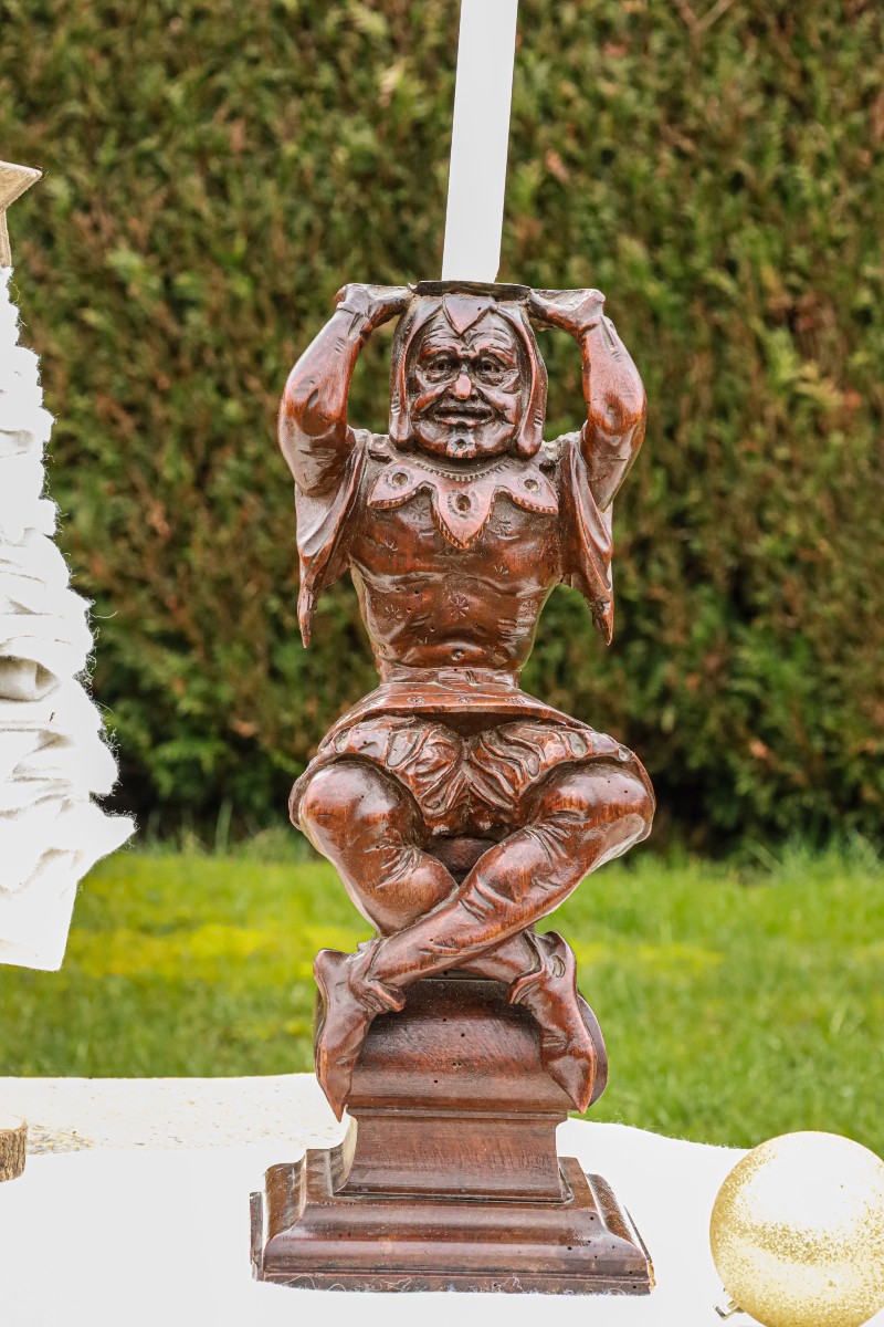 Rare bougeoir pique cierge bois noyer art populaire grotesque