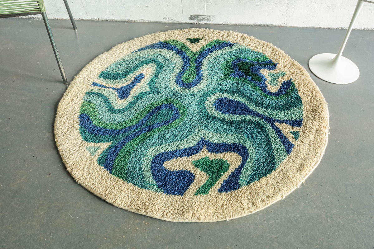Rare tapis rond laine psychédélique design vintage Desso Space Age Pop Art