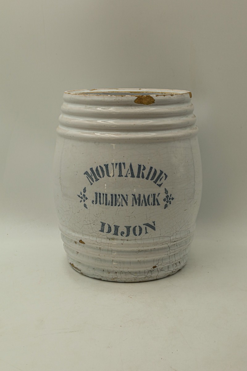 Ancien grand pot à moutarde olives Julien Mack DIJON pub publicitaire comptoir vintage