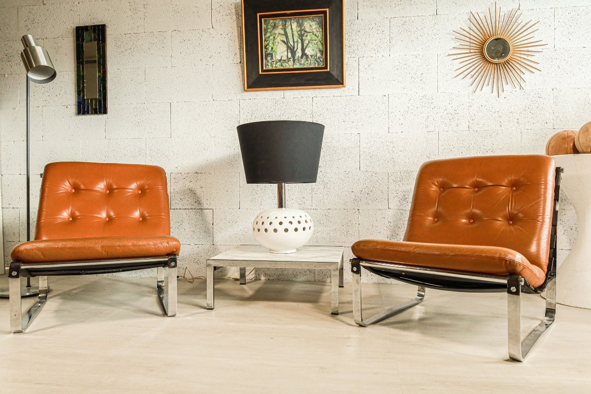 Paire de chauffeuses fauteuils en cuir des années 60 70 design Ico Parisi vintage-photo-2